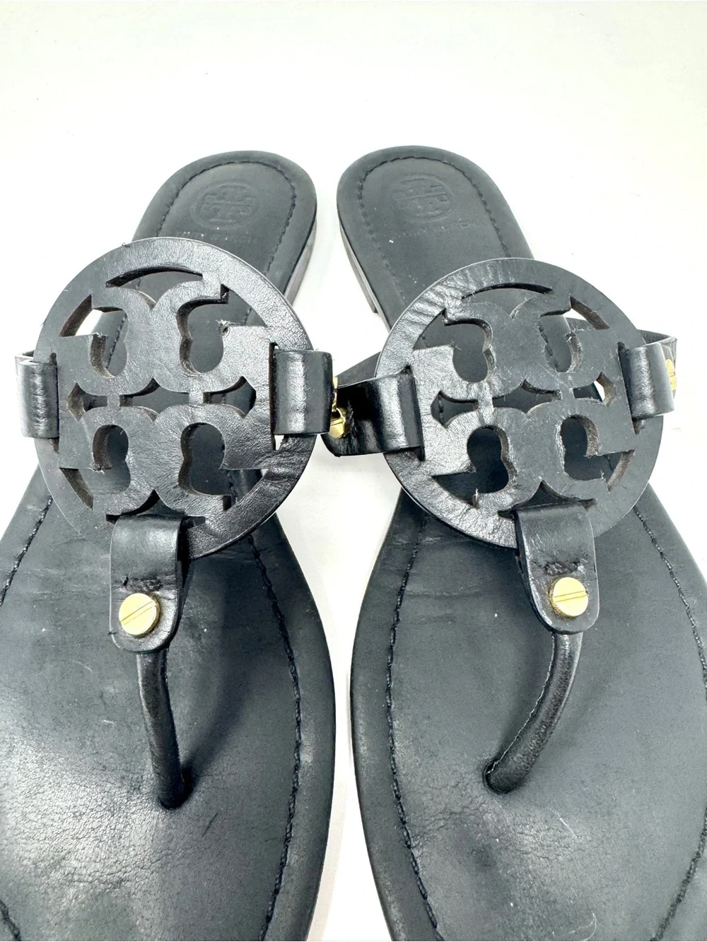 Tory Burch Miller Black Logo Medallion Leather Thong Sandals